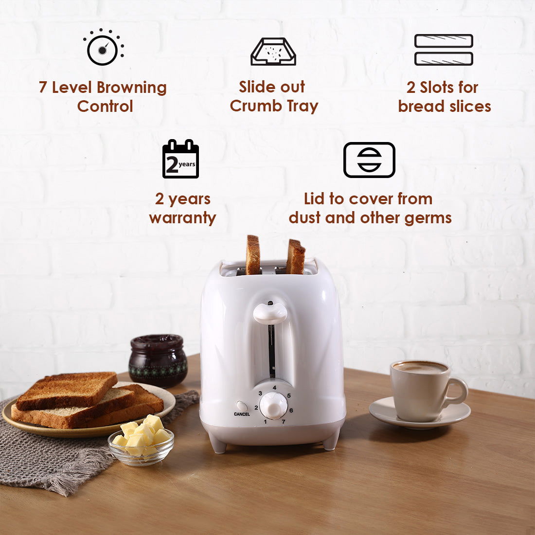 Wonderchef Ultima Pop-up Toaster with Lid Cover|700 Watt| 2 Bread Slice Automatic Pop-up Electric Toaster for Kitchen| 7- Level Browning Controls|Wide Bread Slots| Auto Shut Off|Mid Cycle Cancel Feature| Removable Crumb Tray| Easy to Clean| White-3