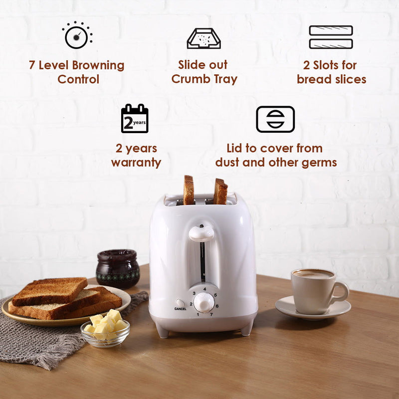 Wonderchef Ultima Pop-up Toaster with Lid Cover|700 Watt| 2 Bread Slice Automatic Pop-up Electric Toaster for Kitchen| 7- Level Browning Controls|Wide Bread Slots| Auto Shut Off|Mid Cycle Cancel Feature| Removable Crumb Tray| Easy to Clean| White-3