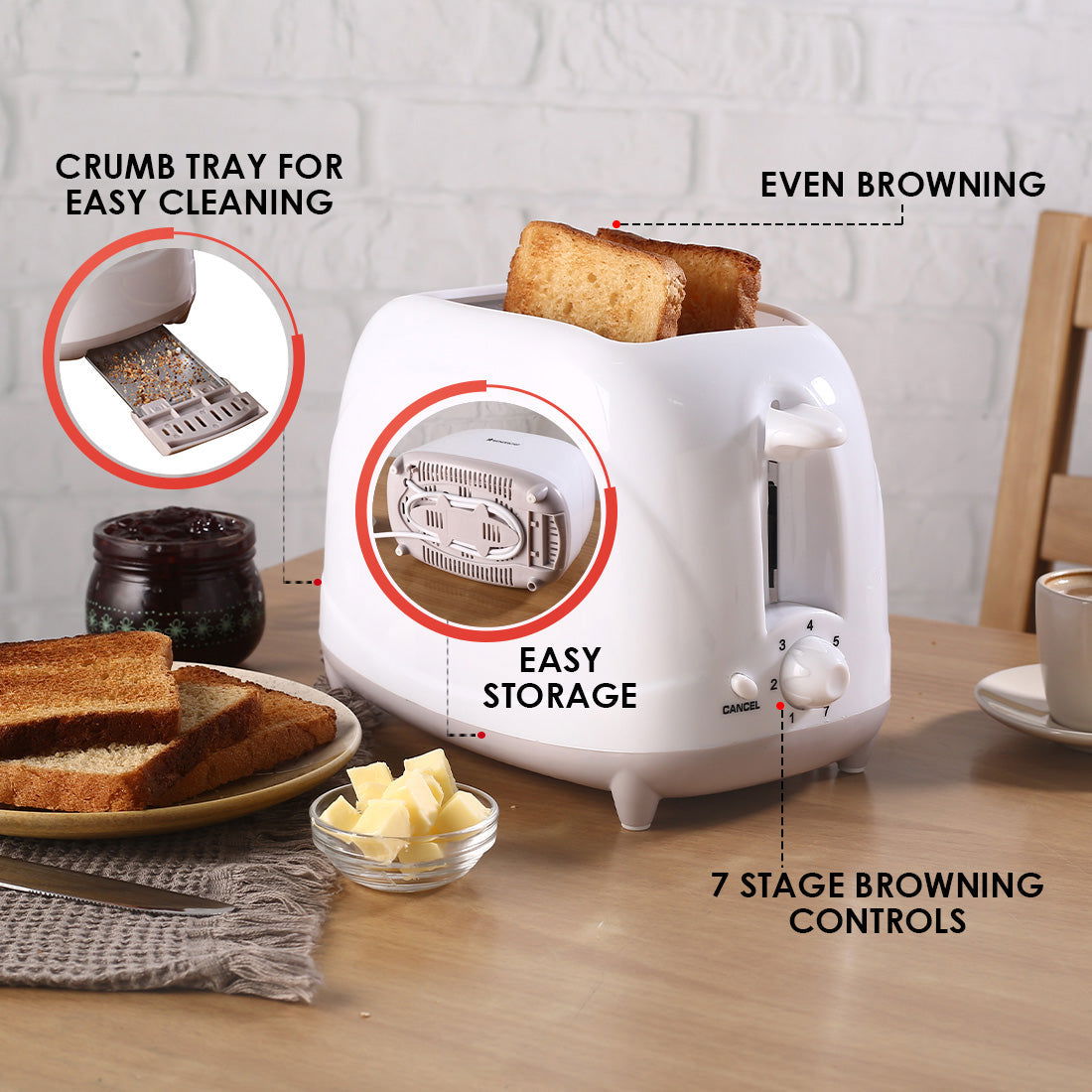 Wonderchef Ultima Pop-up Toaster with Lid Cover|700 Watt| 2 Bread Slice Automatic Pop-up Electric Toaster for Kitchen| 7- Level Browning Controls|Wide Bread Slots| Auto Shut Off|Mid Cycle Cancel Feature| Removable Crumb Tray| Easy to Clean| White-5