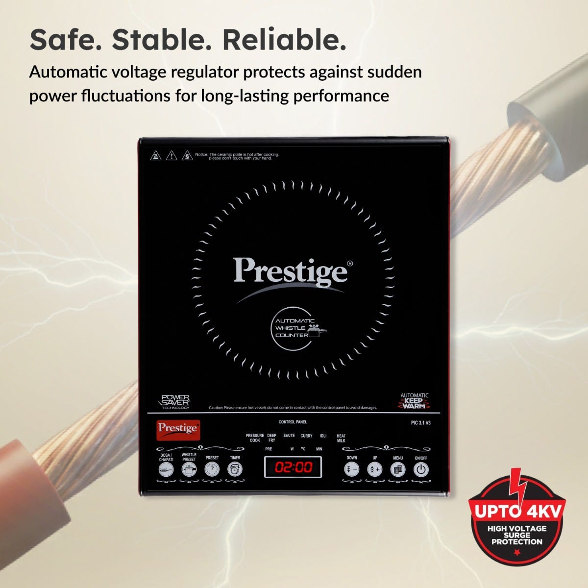 Prestige PIC 3.1 V3 2000W Induction Cooktop, Whistle Counter, 4KV Surge Protection + Prestige Omega Deluxe Granite Alpha 3 Pc BYK Non-Stick Set: Kadai 24cm with Glass Lid, Omni Tawa 28cm, Fry Pan 24cm