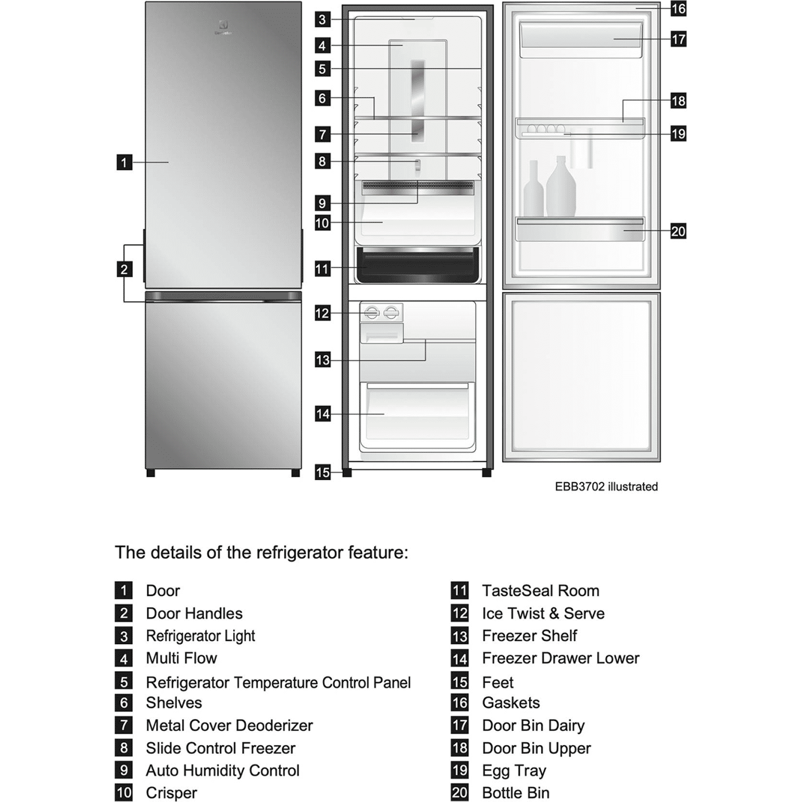 Electrolux UltimateTaste 300 335 Litres 1 Star Frost Free Double Door Bottom Mount Refrigerator with Door Alarm (EBB3702K-H, Glossy Black Steel)