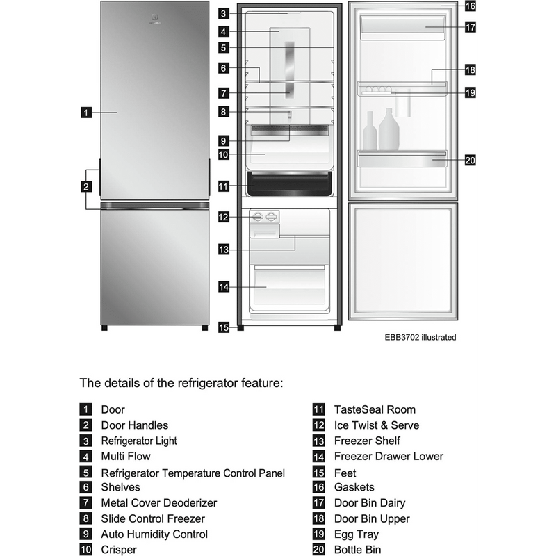 Electrolux UltimateTaste 300 335 Litres 1 Star Frost Free Double Door Bottom Mount Refrigerator with Door Alarm (EBB3702K-H, Glossy Black Steel)