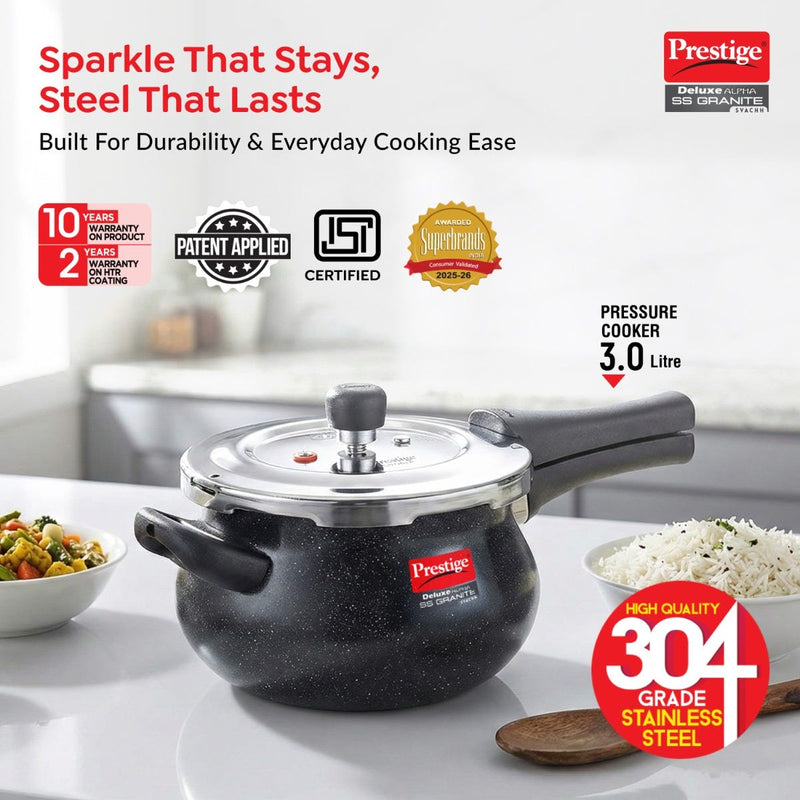 Prestige Deluxe Alpha Stainless Steel Pressure Cooker 3.0 L, Prestige Omega Deluxe Granite Non-stick Round Base Omni Tawa, 25 cm (Black)