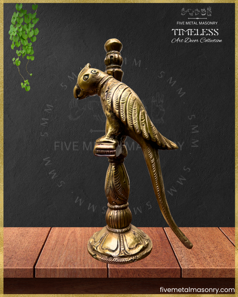 Suka:Parrot perched on pillar Panchaloha Bronze Icon - 8"- Timeless Collection