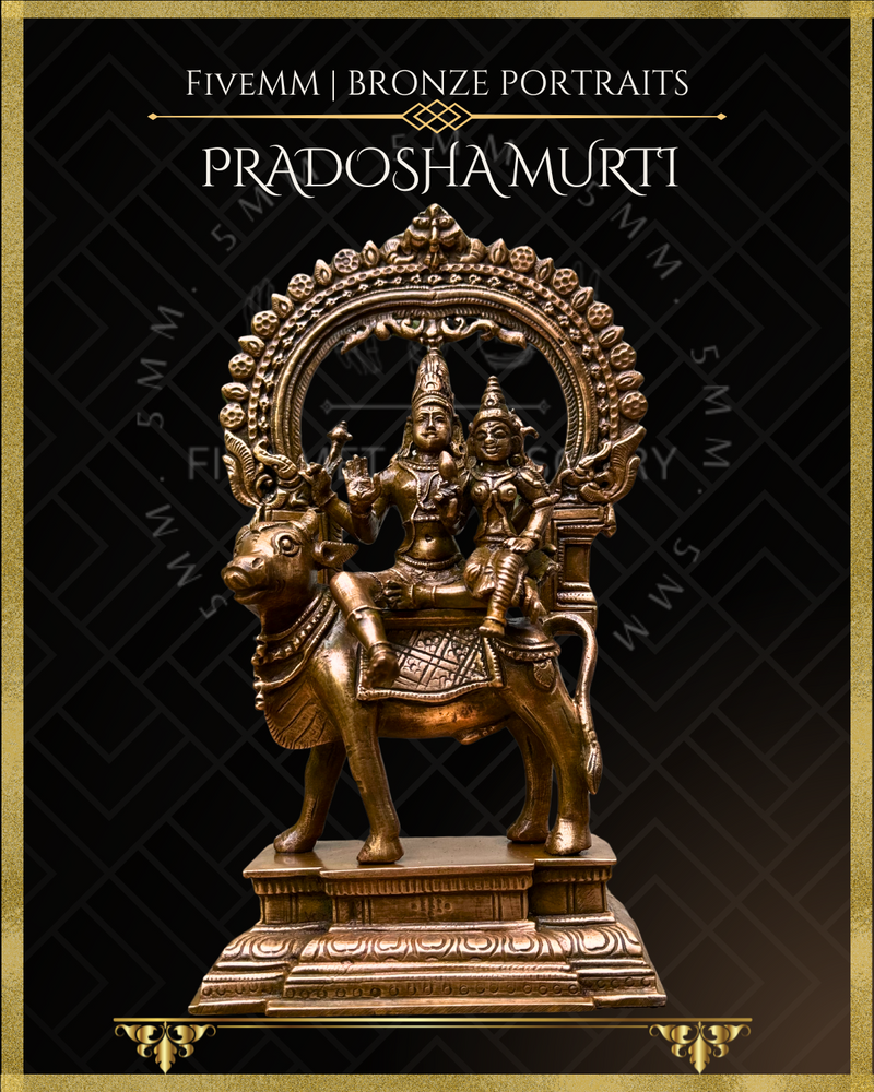Pradosha Murti Shiva and Uma sitting on Nandi Panchaloha Bronze Icon - 8" with arch