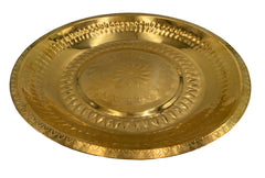 Brass Pooja Thali, Handcrafted Peetal Pittal Puja Plate, Temple Aarti Thambalam, Antique Pital Hittale Pooja Plate, Gold, 13.39 Inch, 1 Piece