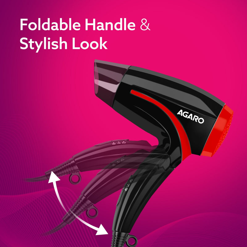 AGARO HD1177 Hair Dryer with 1000 Watts Copper Motor, 2 Speed & Temperature Settings, Foldable Handle, For both Men & Women, Black & Red-6