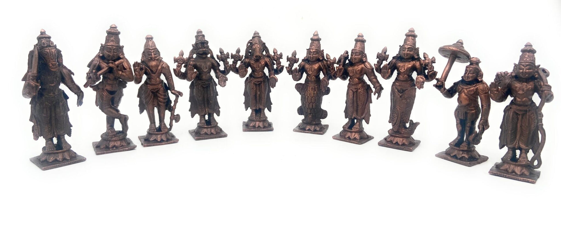 Bhunes Copper Das Avatar Dashavatara Dasavatharam Of Lord Vishnu Statues Ten Incarnations Avatars Idol Murti Home Puja Temple,Brown, 3.5 Inch, 1 Piece