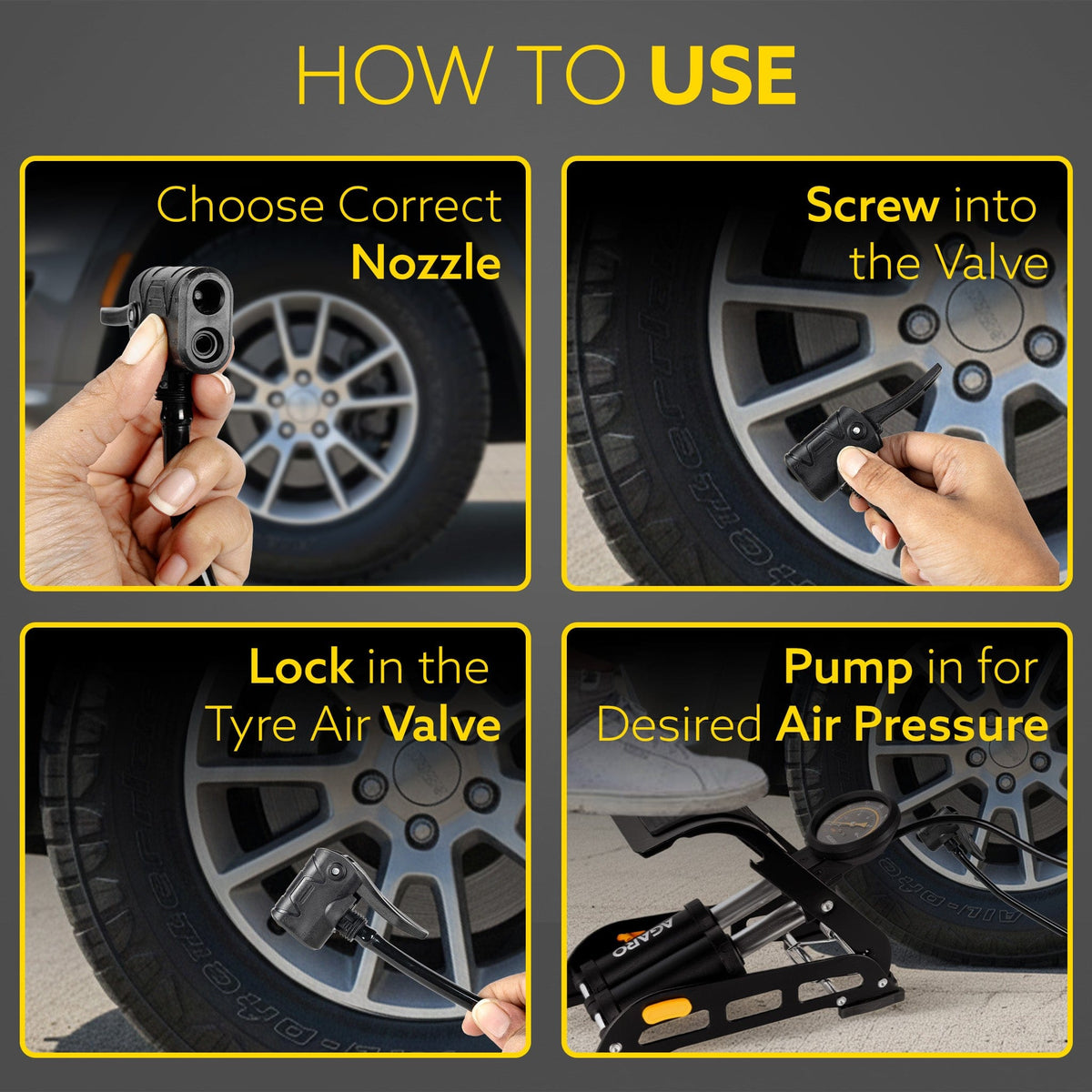 AGARO Foot Tyre Inflator, Double Cylinder Rapid Inflation, 160 PSI, High-Pressure Foot Air Pump with Integrated Gauge fo