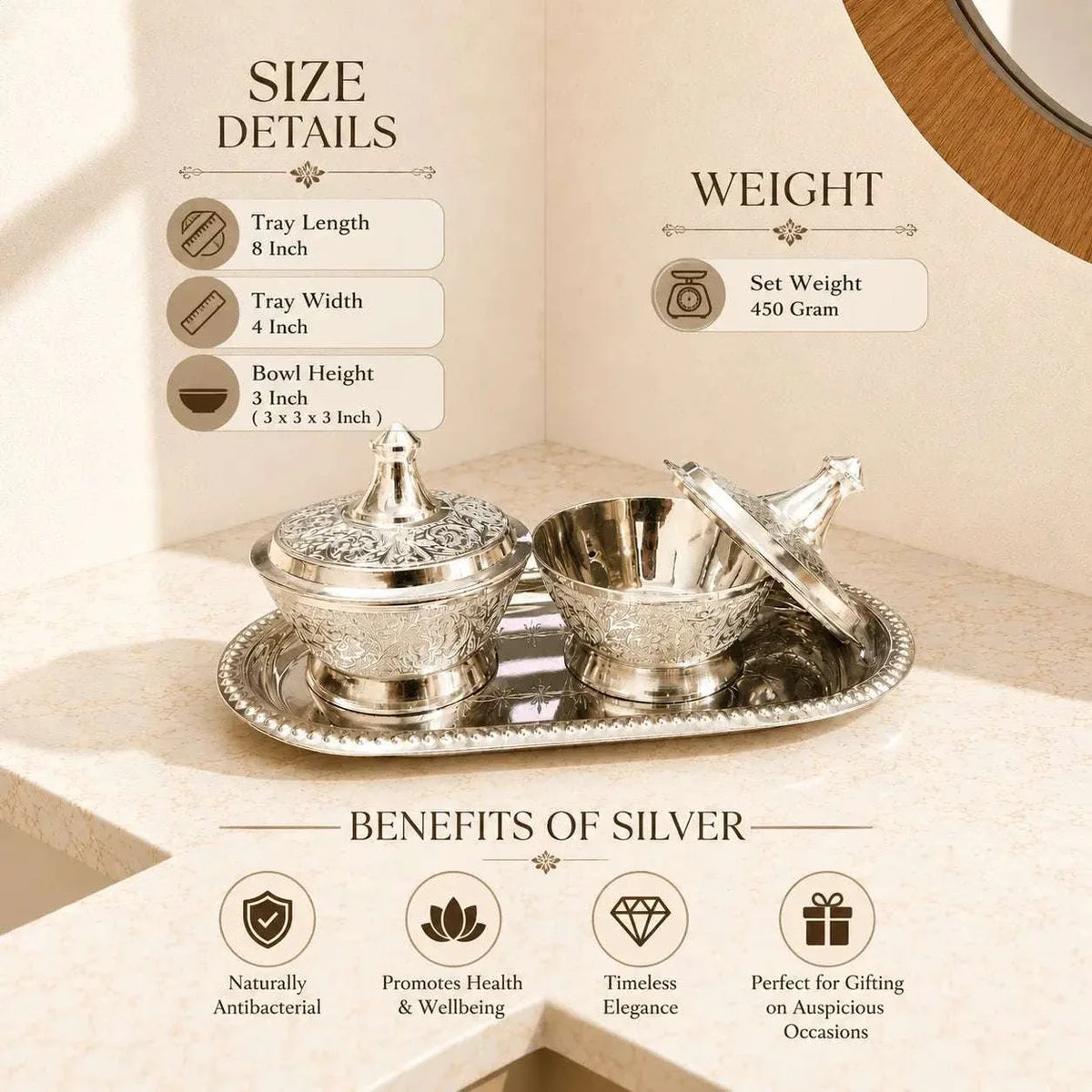 Brass Silver Plated Twin Bowl Set with Lids And Tray (3 Inch)