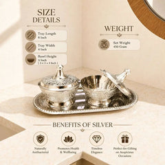 Brass Silver Plated Twin Bowl Set with Lids And Tray (3 Inch)
