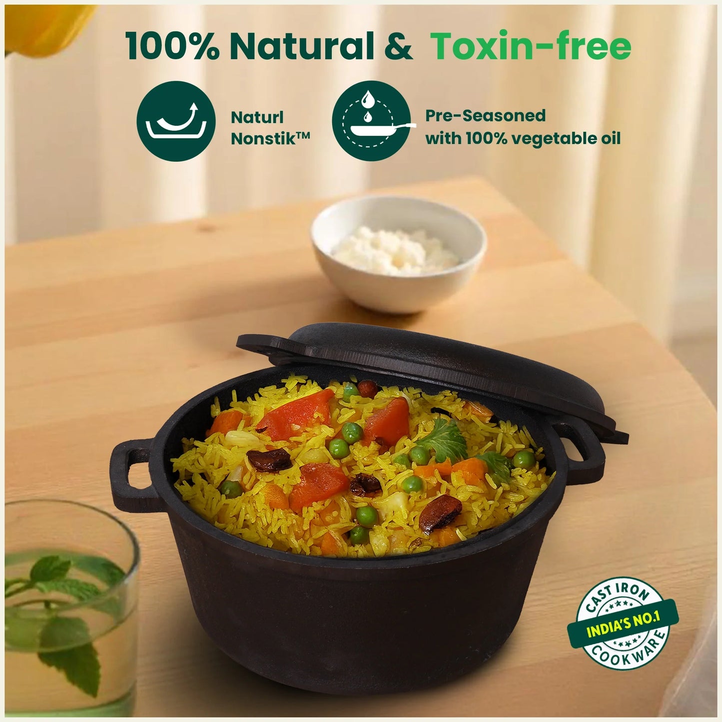 CASTrong Cast Iron Dutch Oven/ Casserole with Lid,Pre-seasoned, 100% Pure, Toxin-free, Induction, 26.5cm, 5 Liter, 7.9 kg