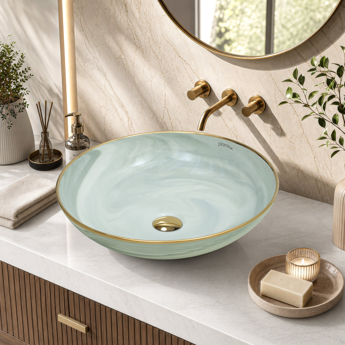 Plantex Wash Basin/Ceramic Table Top Wash Basin/Designer Countertop Basin for Bathroom/Restaurants/Hotel (Mint green & Gold - 16.5 x 16.5 x 4 Inch)-2