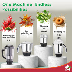 Wonderchef Cube 1000W Mixer Grinder, 4 Jars with Flow Breakers, Special Coarse Blade for Silbatta-style Khada Masala Gri