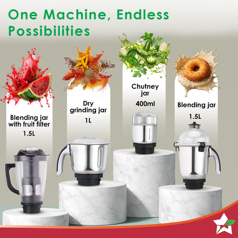 Wonderchef Cube 1000W Mixer Grinder, 4 Jars with Flow Breakers, Special Coarse Blade for Silbatta-style Khada Masala Gri