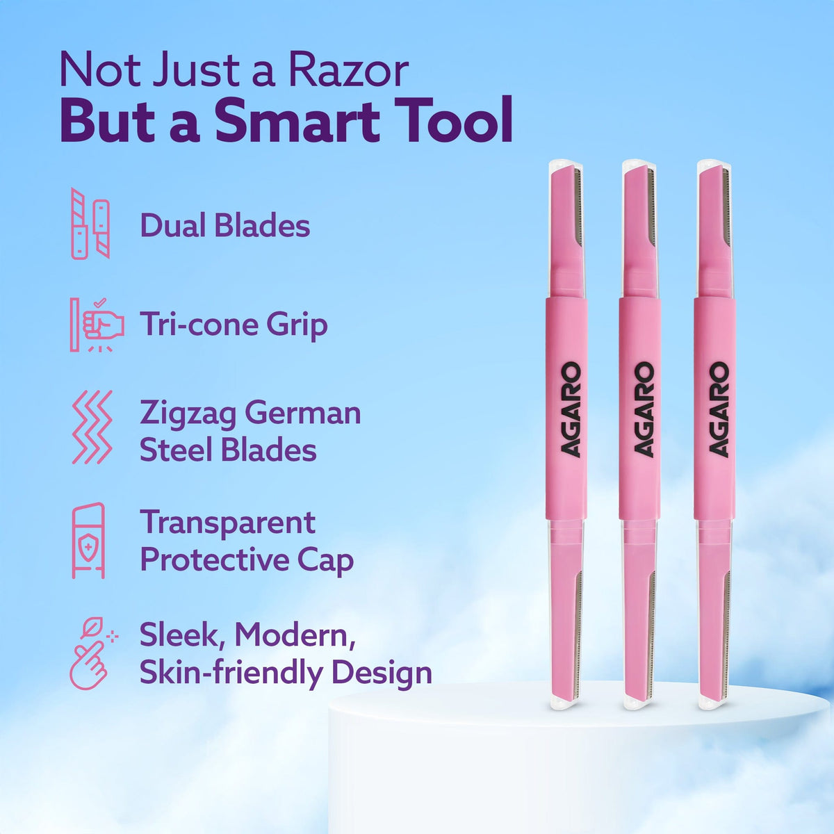 AGARO Imperial Face & Eyebrow Razor for Women (Pack of 3) | Dual Blade Head with German Blades | Easy Facial Hair Shapin
