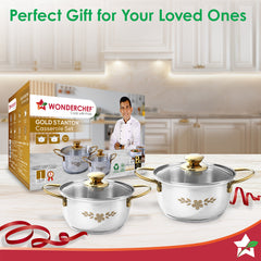 Wonderchef Gold Stanton 2 Pc Casserole Set with Glass Lids, 20 cm/22 cm, Chemical-free Food-grade Stainless-steel, Gold 