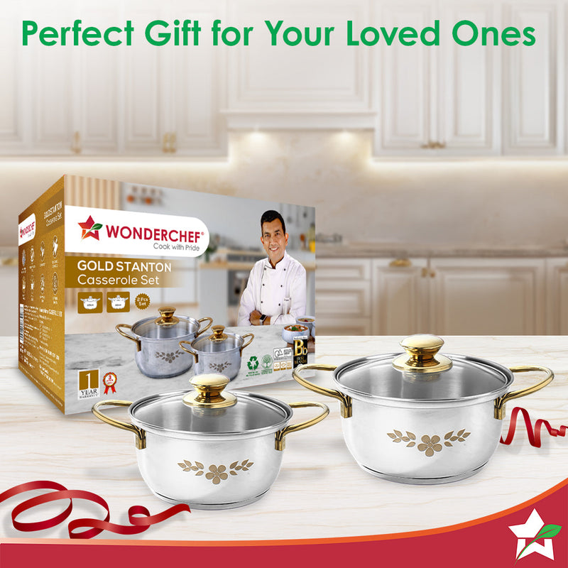 Wonderchef Gold Stanton 2 Pc Casserole Set with Glass Lids, 20 cm/22 cm, Chemical-free Food-grade Stainless-steel, Gold 