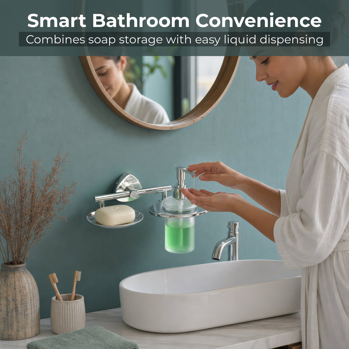 Plantex J4 Stainless Steel Soap Dish with Liquid Dispenser/Soap Stand for Bathroom Wall Mount/Shampoo Dispenser/Bathroom Accessories (Chrome Finish) Angel-6