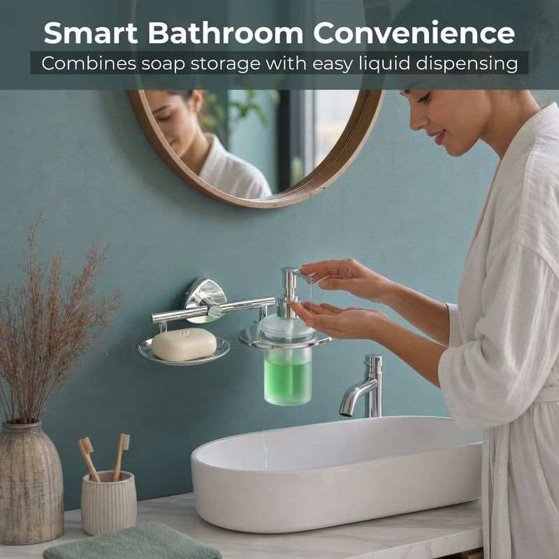 Plantex J4 Stainless Steel Soap Dish with Liquid Dispenser/Soap Stand for Bathroom Wall Mount/Shampoo Dispenser/Bathroom Accessories (Chrome Finish) Angel-6