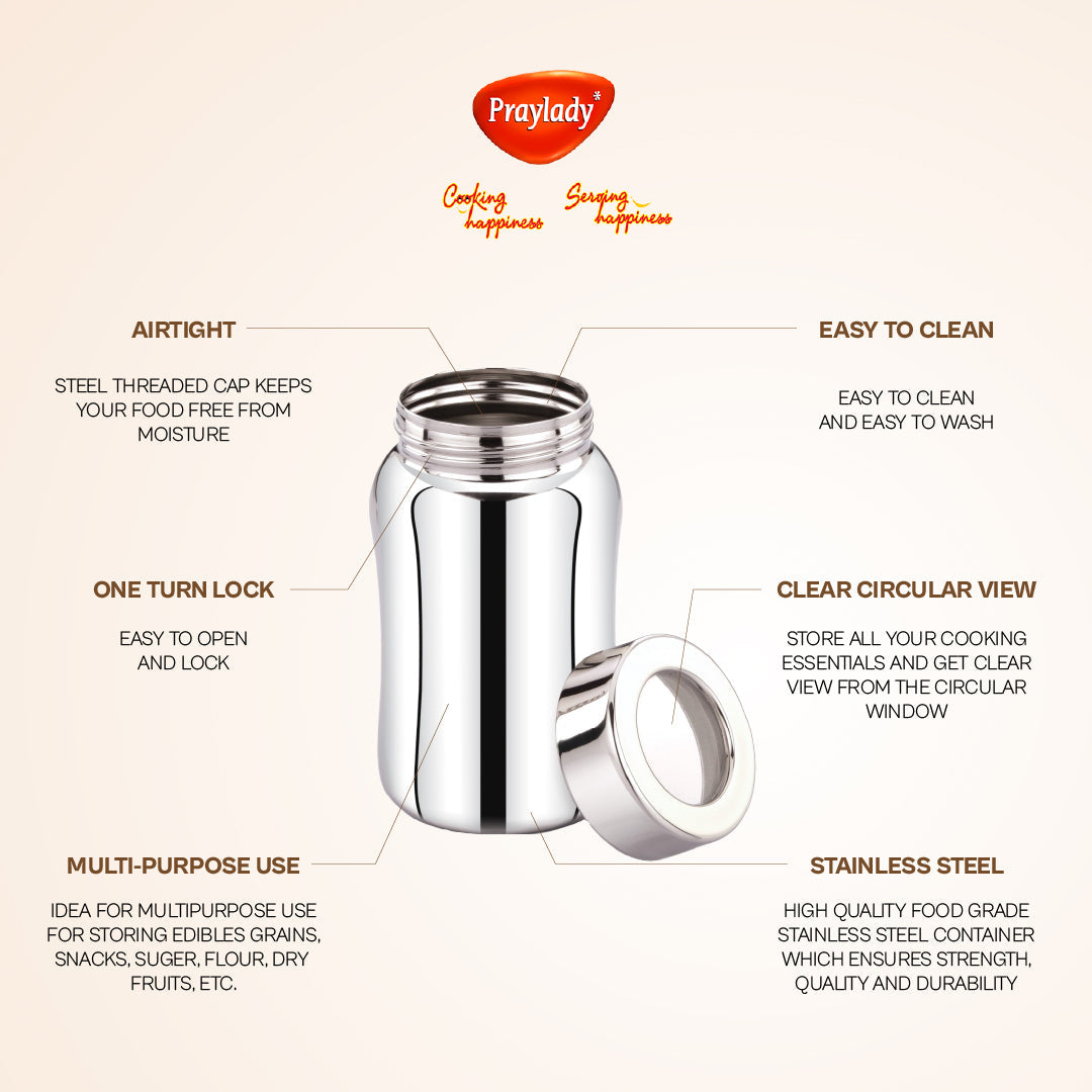 Stainless Steel Airtight & Leak-Proof Canister – Tea, Coffee, Sugar Storage Jar with See-Through Lid |(500ml - 1300ml)