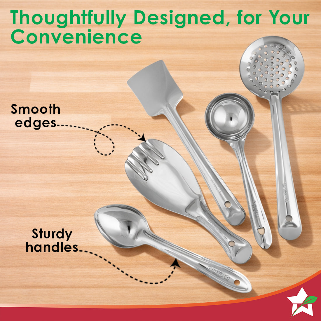 Wonderchef Venice 5 Pcs. Stainless-steel Kitchen Tools Set, Ladle, Turner, Skimmer, Serving Spoon, Rice Server for Cooki