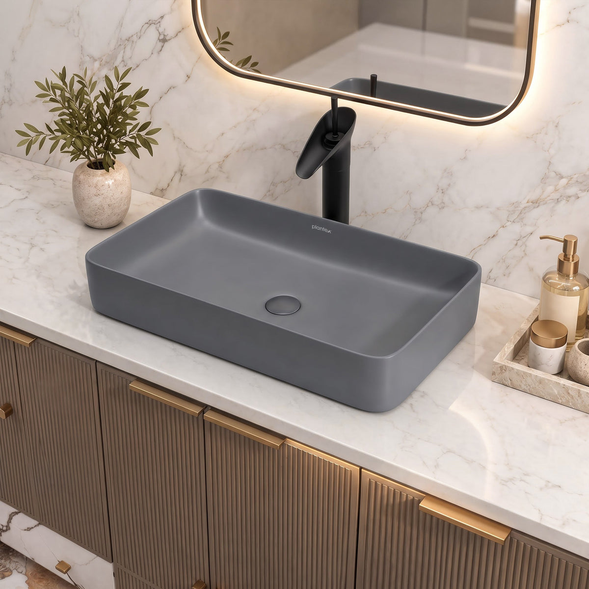 Plantex Ceramic Table Top Basin/Wash Basin for Bathroom/Over Counter Washbasin for Restaurant/Hotel (Rectangle - Matt Grey, 24 x 14 x 4.5 Inch)-3