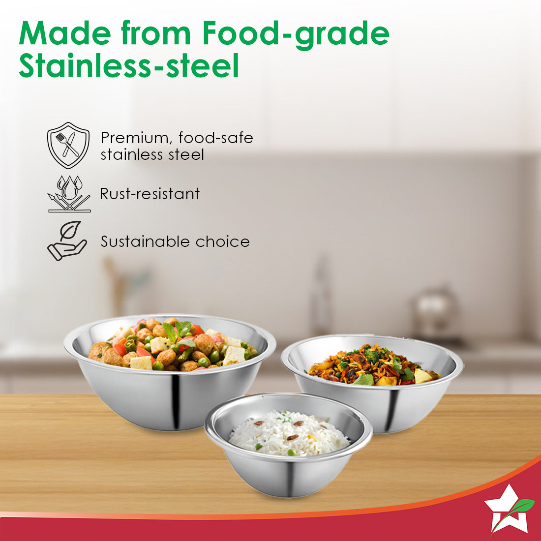 Wonderchef Ambrosia Stainless-steel Mixing Bowl (3 Pcs.) | 17 cm (775ml), 20 cm (1.35 L), 24 cm (2.4 L) | Stackable, Foo