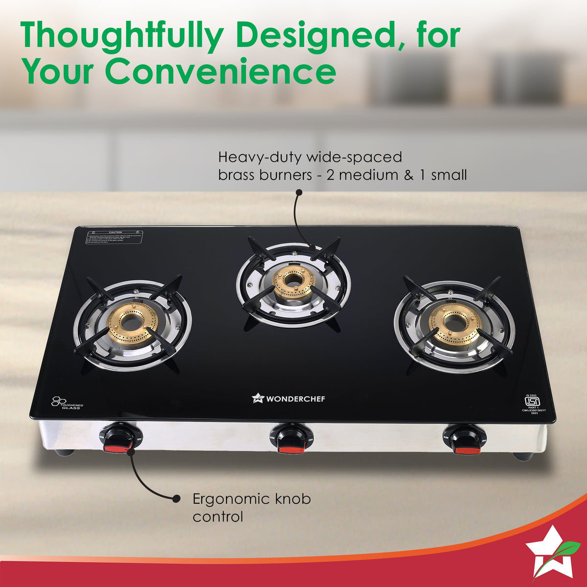 Wonderchef Galaxy 3 Burner Auto Gas Stove | 6mm Toughened Glass | Piezo Auto Ignition | 2 Years Warranty