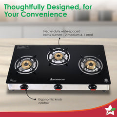 Wonderchef Galaxy 3 Burner Auto Gas Stove | 6mm Toughened Glass | Piezo Auto Ignition | 2 Years Warranty