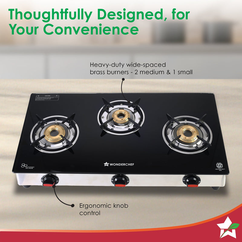 Wonderchef Galaxy 3 Burner Auto Gas Stove | 6mm Toughened Glass | Piezo Auto Ignition | 2 Years Warranty