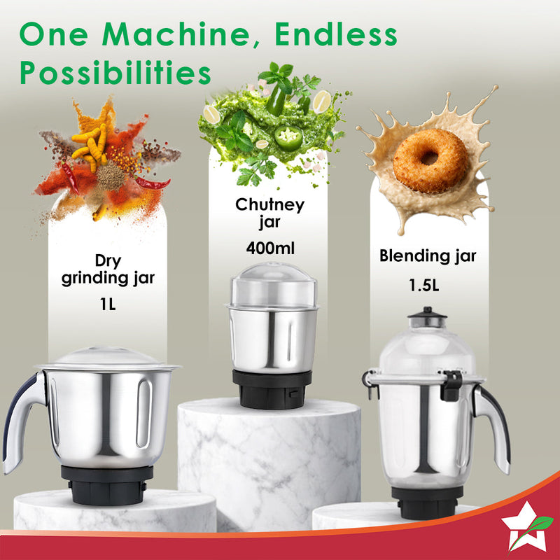 Wonderchef Cube 1000W Mixer Grinder, 3 Jars with Flow Breakers, Special Coarse Blade for Silbatta-style Khada Masala Gri