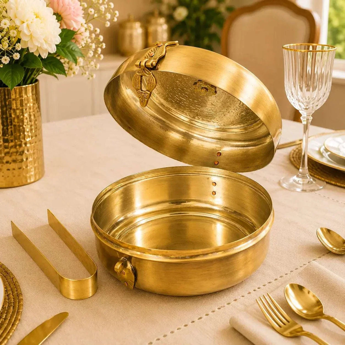 Brass Handcrafted Roti / Chapati Box With Tong (5.5 Inch)