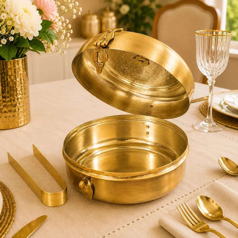 Brass Handcrafted Roti / Chapati Box With Tong (5.5 Inch)