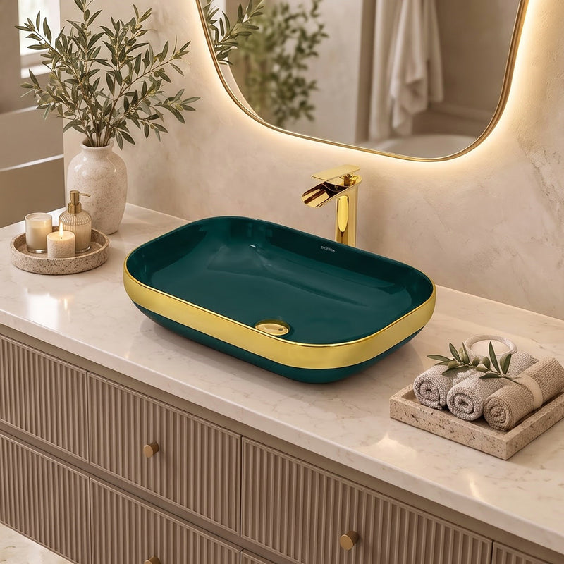 Plantex Wash Basin/Ceramic Table Top Wash Basin/Countertop Basin for Bathroom/Restaurants/Hotel Rectangular Green & Gold - 20 x 14 x 6 Inch)-3