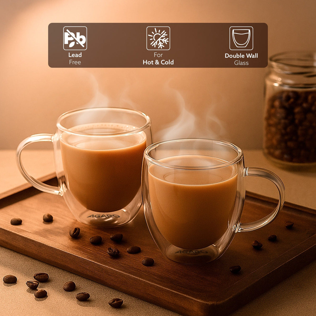 AGARO Elite Double Wall Glass Cups 250ml, Pack of 2 | Premium Borosilicate, Heat Resistant, Microwave & Dishwasher Safe,