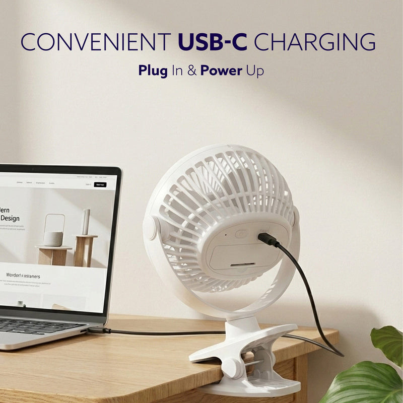 AGARO Regal Portable Clamp Fan | Rechargeable USB-C Compatible Table Fan with 3 Speeds, Multi-Clip Function, 3400 RPM & 
