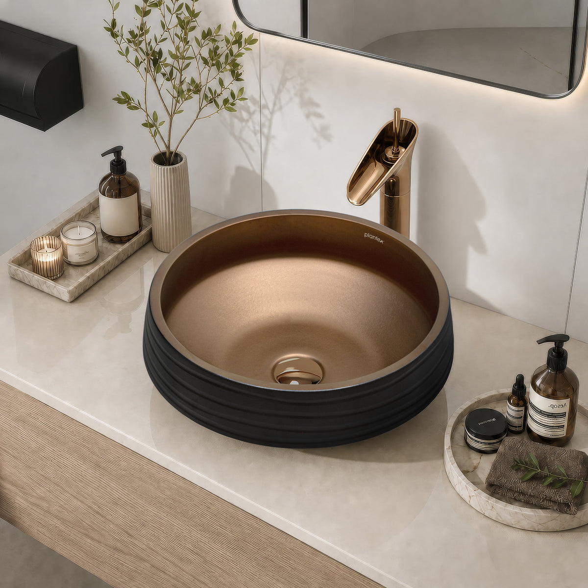 Plantex Designer Ceramic Basin/Table Top Wash Basin for Bathroom/Countertop Vessel Sink Basin for Home/Office/Restaurant (Black & Bronze - 15 x 15 x 6 Inch)-3