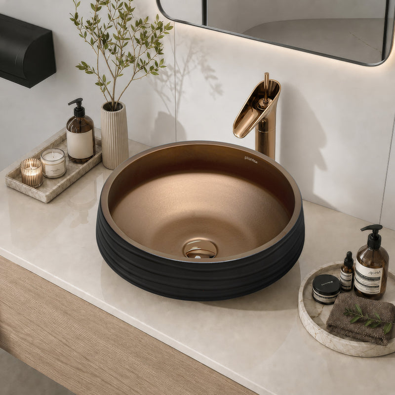 Plantex Designer Ceramic Basin/Table Top Wash Basin for Bathroom/Countertop Vessel Sink Basin for Home/Office/Restaurant (Black & Bronze - 15 x 15 x 6 Inch)-3