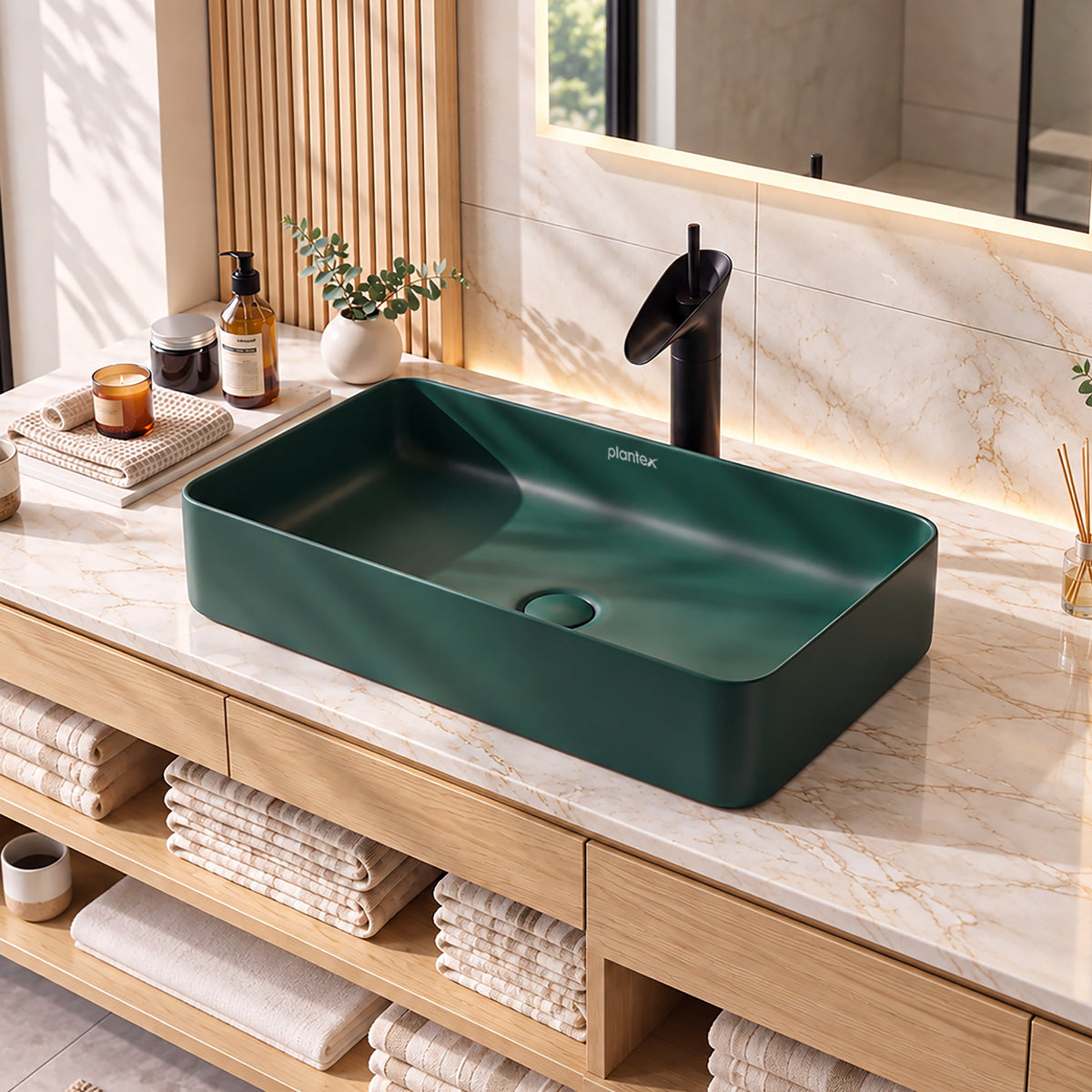 Plantex Ceramic Basin/Tabletop Wash Basin for Bathroom/Rectangle Over Counter Vessel Sink for Restaurant/Hotel (Matt Green, 24 x 14 x 4.5 Inch)-3