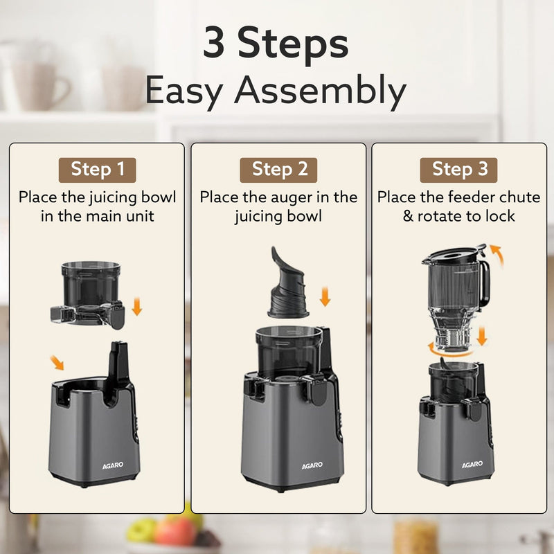 AGARO Regal Cold Press Slow Juicer, 250 Watt DC Motor, Easy Assembly & Cleaning, Auto Reverse, Advanced Safety Lock, Fru