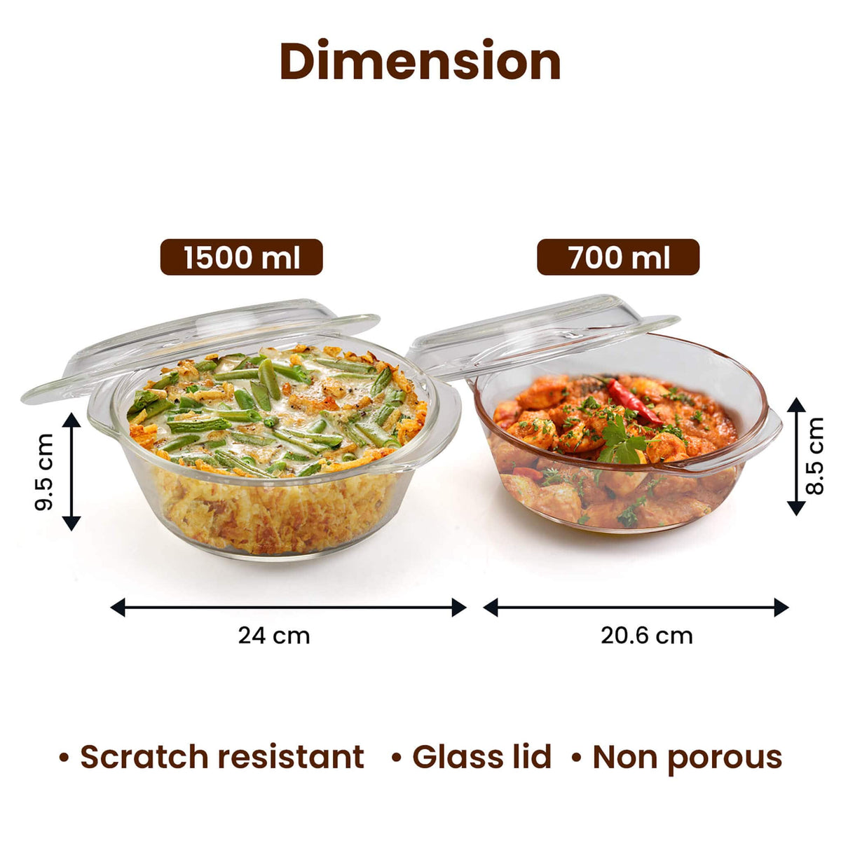 AGARO Elite Borosilicate Glass Casseroles with Lid, Set of 2, 700 ml & 1500ml, Kitchen, Oven, Microwave and Freezer Safe, Scratch Resistant, Transparent.-6