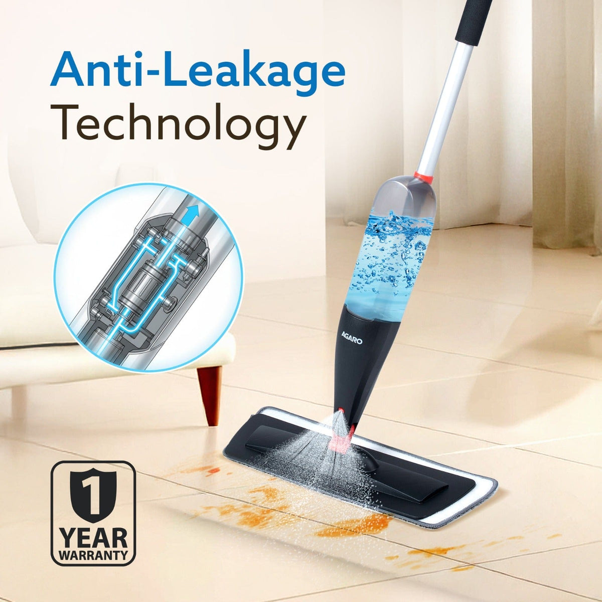 AGARO Delite Spray Mop for Dry and Wet Floor Cleaning with Washable Microfiber Pad - with 800ml Refillable Bottle for Wo