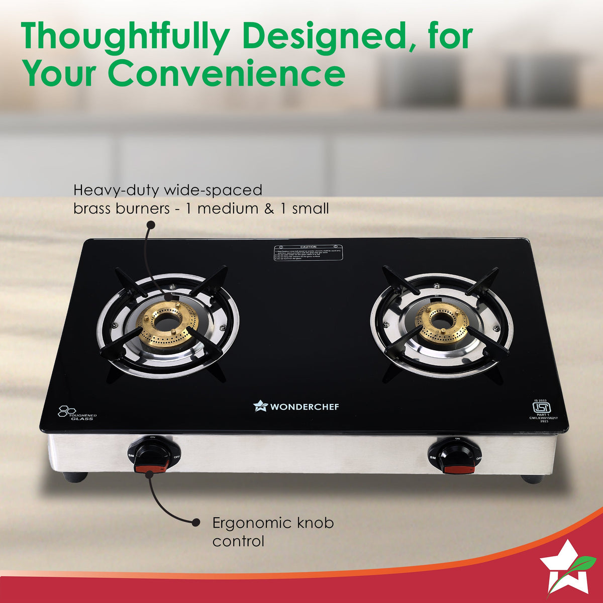 Wonderchef Galaxy 2 Burner Auto Gas Stove | 6mm Toughened Glass | Piezo Auto Ignition | 2 Years Warranty