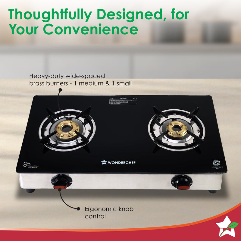 Wonderchef Galaxy 2 Burner Auto Gas Stove | 6mm Toughened Glass | Piezo Auto Ignition | 2 Years Warranty