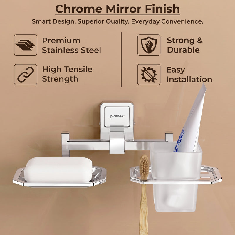 Plantex 304 Grade Stainless Steel 2in1 Soap Holder with Tumbler Holder/Wall Mounted Stand/Bathroom Accessories - Darcy (Chrome)-5