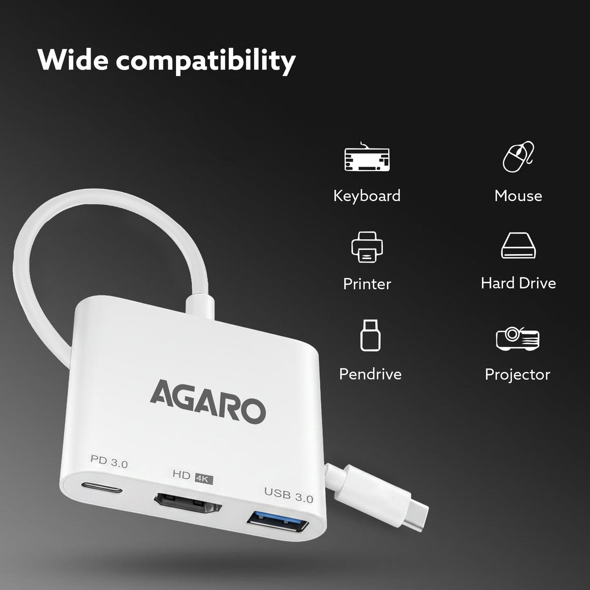 AGARO 3-in-1 USB Type-C to HDMI Multi-Port Hub, 4K HDMI Output-6