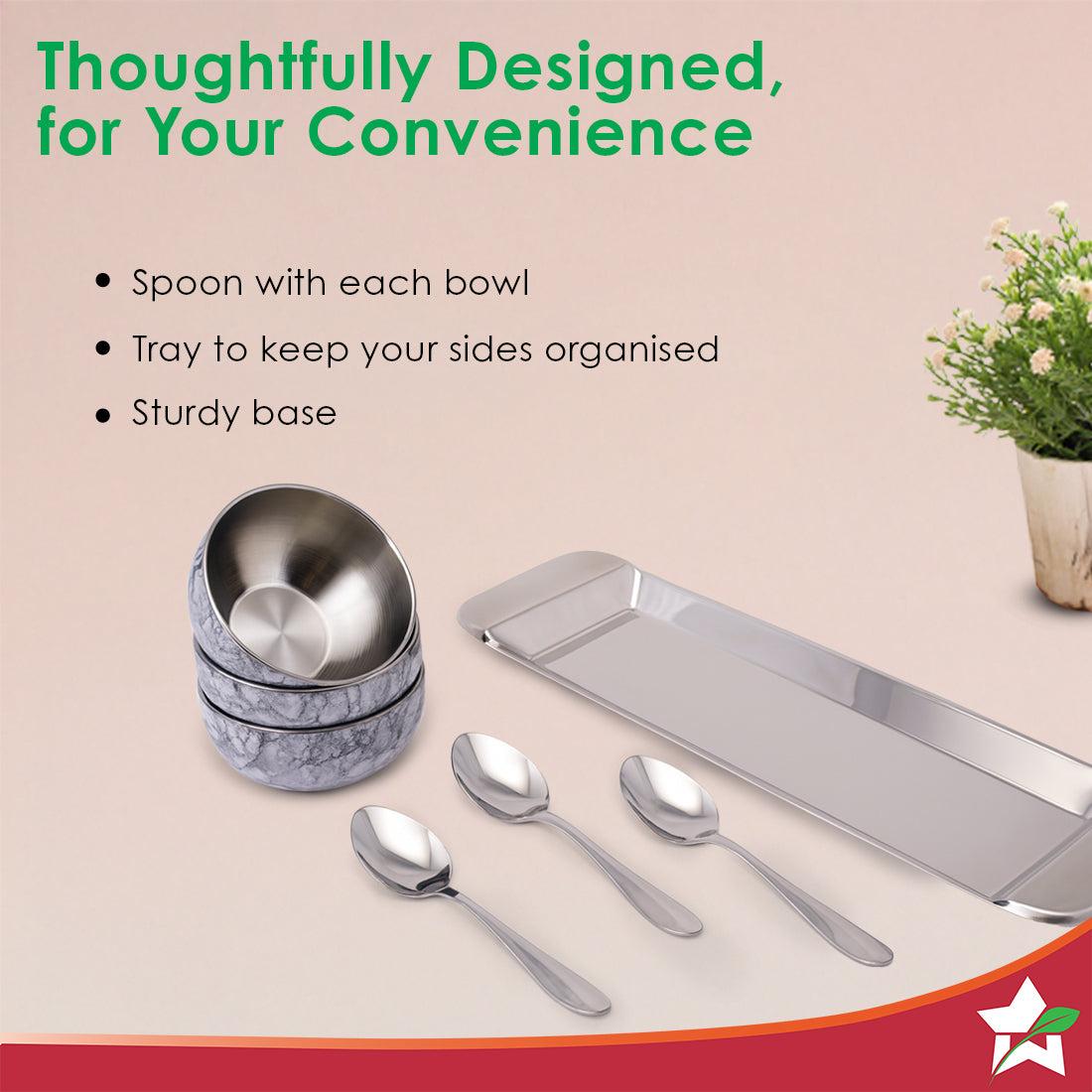 Wonderchef Modena Stainless-steel 7 Pc. Condiment Set, 3 Bowls, 3 Spoons, 1 Tray, Serve Dry Snacks, Chutneys, Dry Fruits