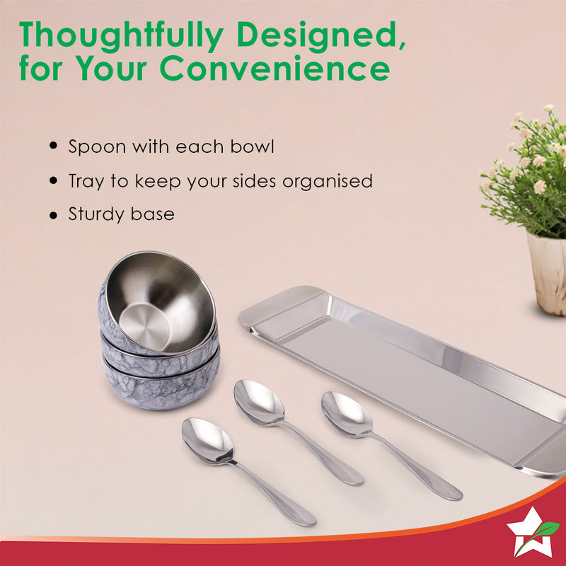 Wonderchef Modena Stainless-steel 7 Pc. Condiment Set, 3 Bowls, 3 Spoons, 1 Tray, Serve Dry Snacks, Chutneys, Dry Fruits