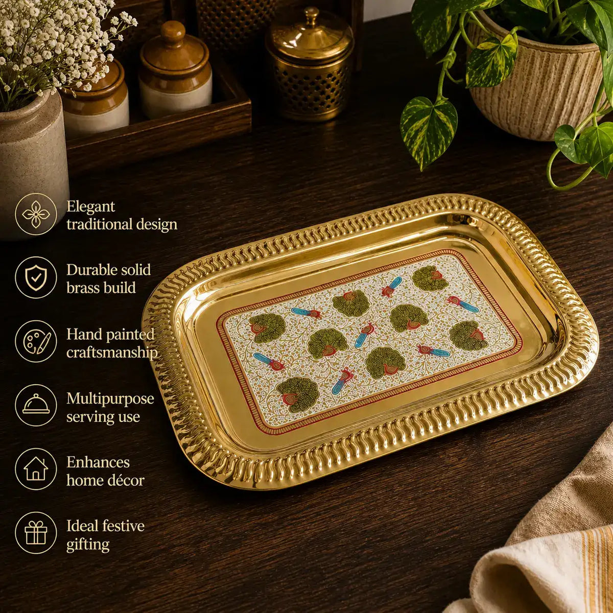Brass Hand Painted Peacock Serving Tray / Platter